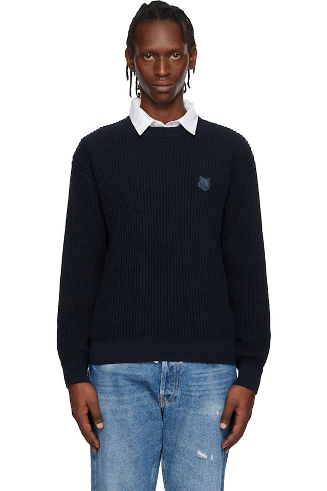 

Maison Kitsuné Хлопковый ребристый свитер с изображением головы лисы темно-синего цвета