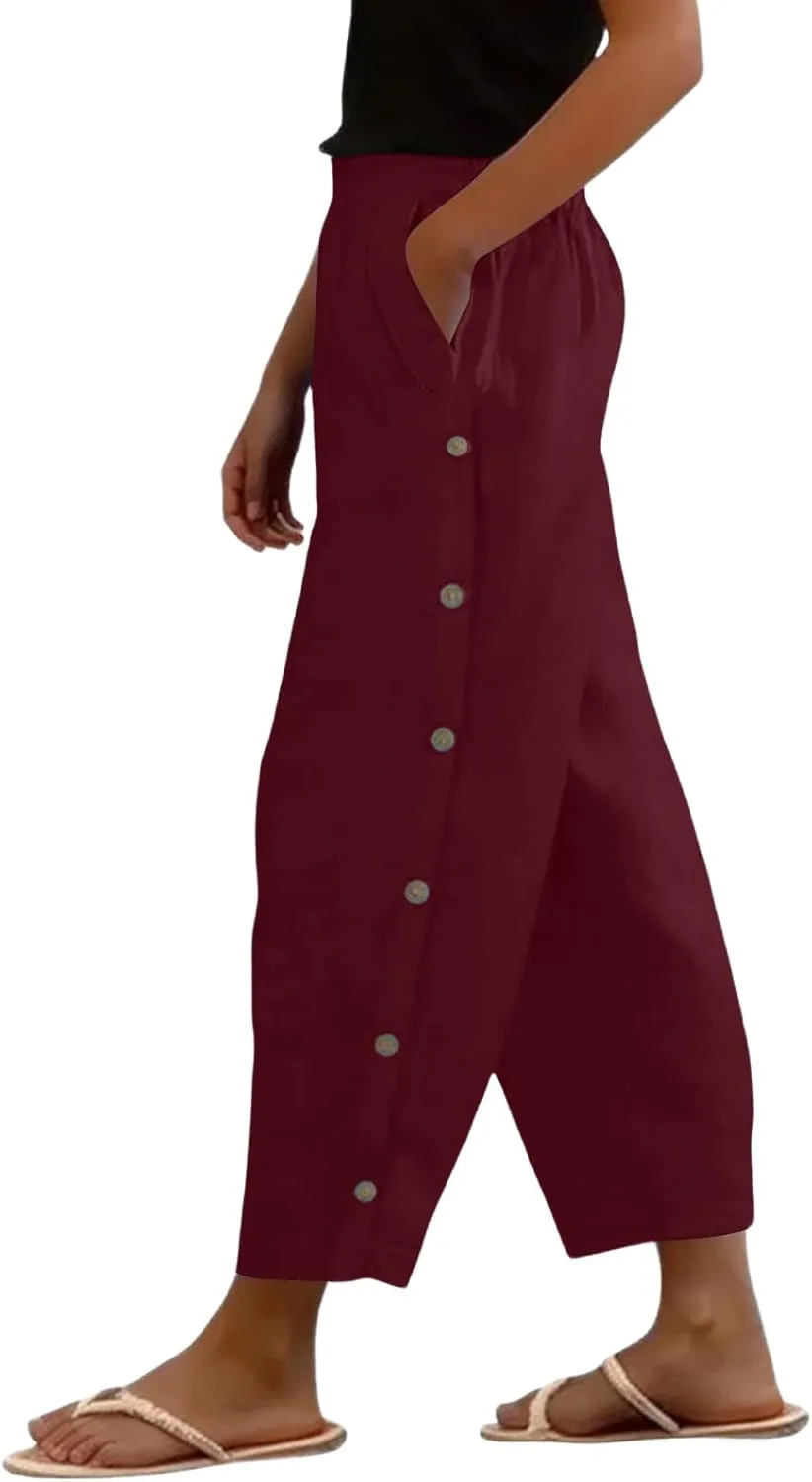 Женские летние льняные брюки Casual, высокая посадка, прямые, свободного кроя, с карманами и пуговицами generic, M70-Wine — фото 4