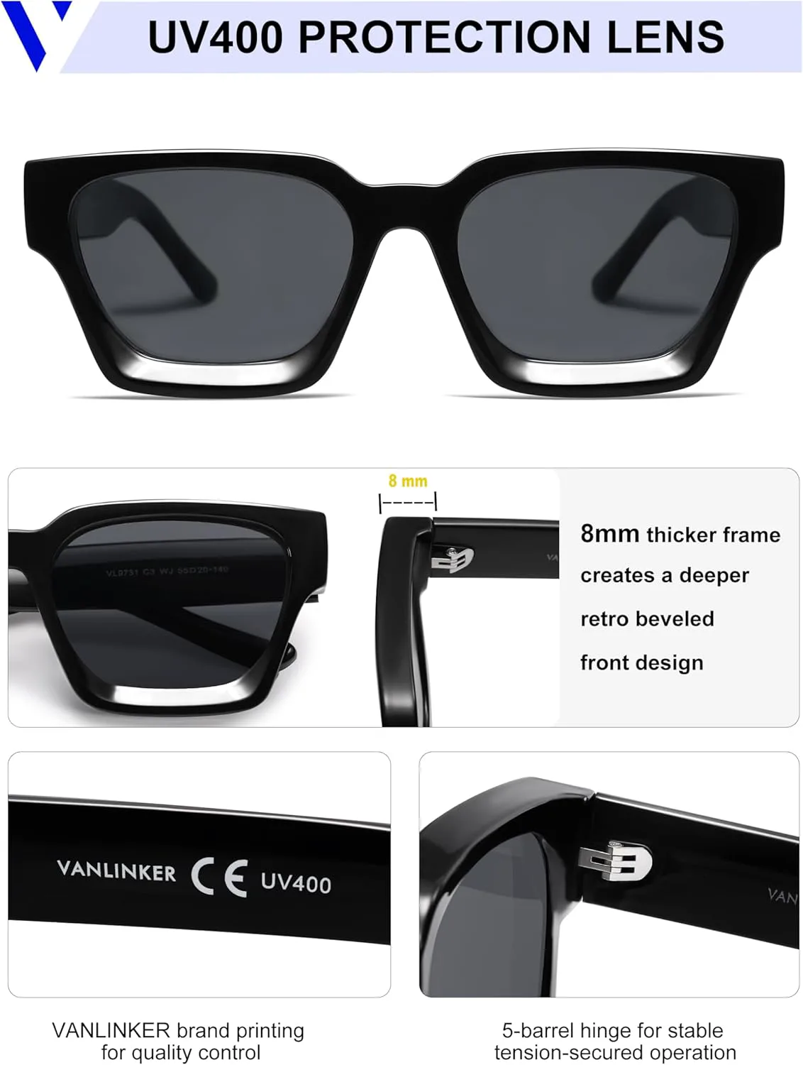 

Солнцезащитные очки VANLINKER квадратной формы для мужчин и женщин, ретро-стиль, массивные прямоугольные, защита от УФ-излучения UV400, VL9731, 2pcs - Black + Black
