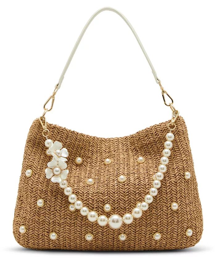 

Большая сумка-хобо из соломы с культивированным жемчугом Betsey Johnson, коричневый/бежевый