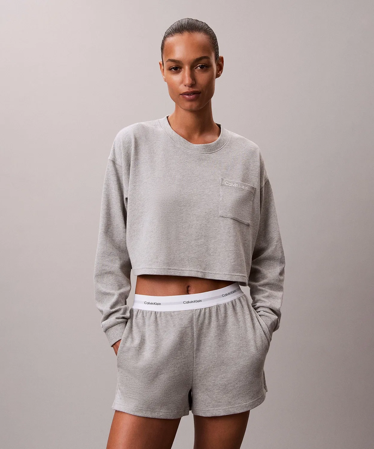 Пижама Calvin Klein с логотипом, хлопковая, цвет серый меланж