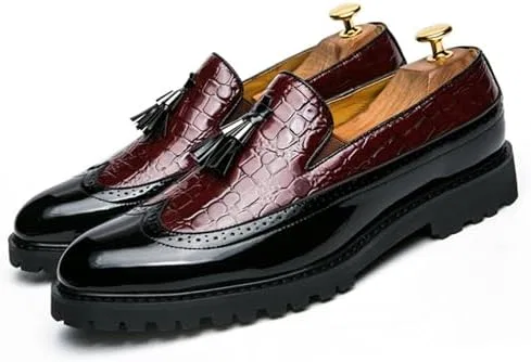Лоферы кожаные Vintage Leather Wingtip Tassel Brogue Slip-On Dress Loafers, красный Yuizko