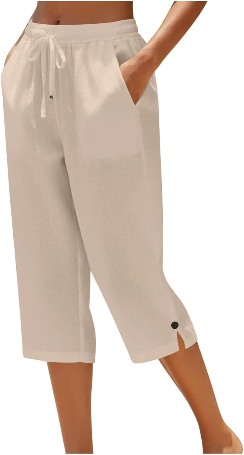 

Легкие льняные капри для женщин с эластичным поясом и карманами HGps8w