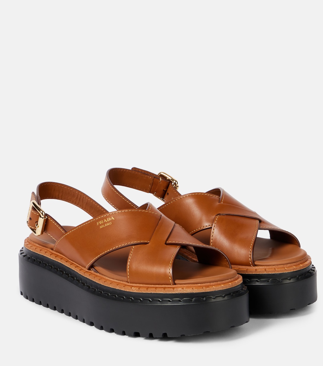 Кожаные сандалии на платформе Prada, Cuoio