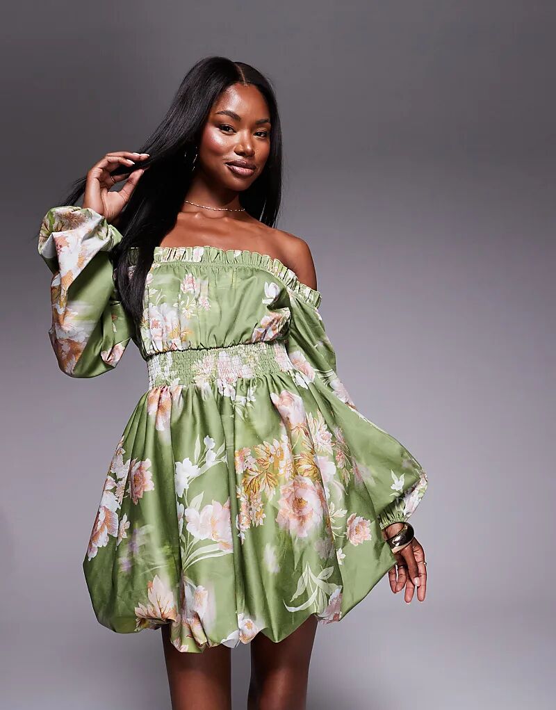 

Мини-платье ASOS LUXE с открытыми плечами, подолом-фонариком и рукавами-фонариками, фисташкового цвета с цветочным принтом