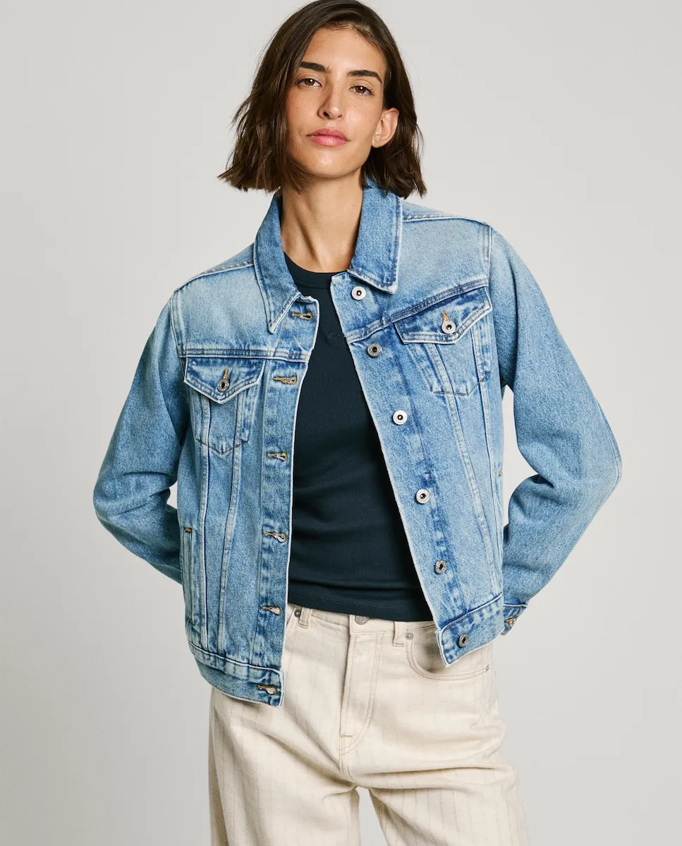 

Женская джинсовая куртка классического кроя с потертостями Pepe Jeans, синий