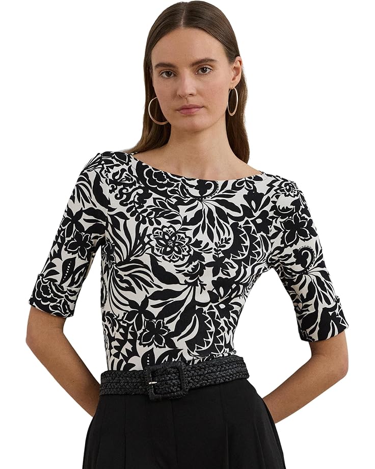 

Футболка Lauren Ralph Lauren Floral Stretch Cotton Boatneck Tee, цвет Cream/Black