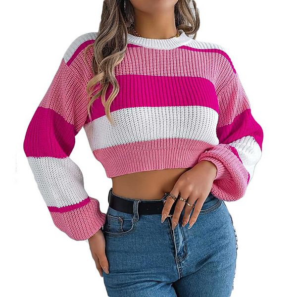

Женский свитер с цветными блоками, укороченный, с рукавами-фонариками Clearflower, Pink