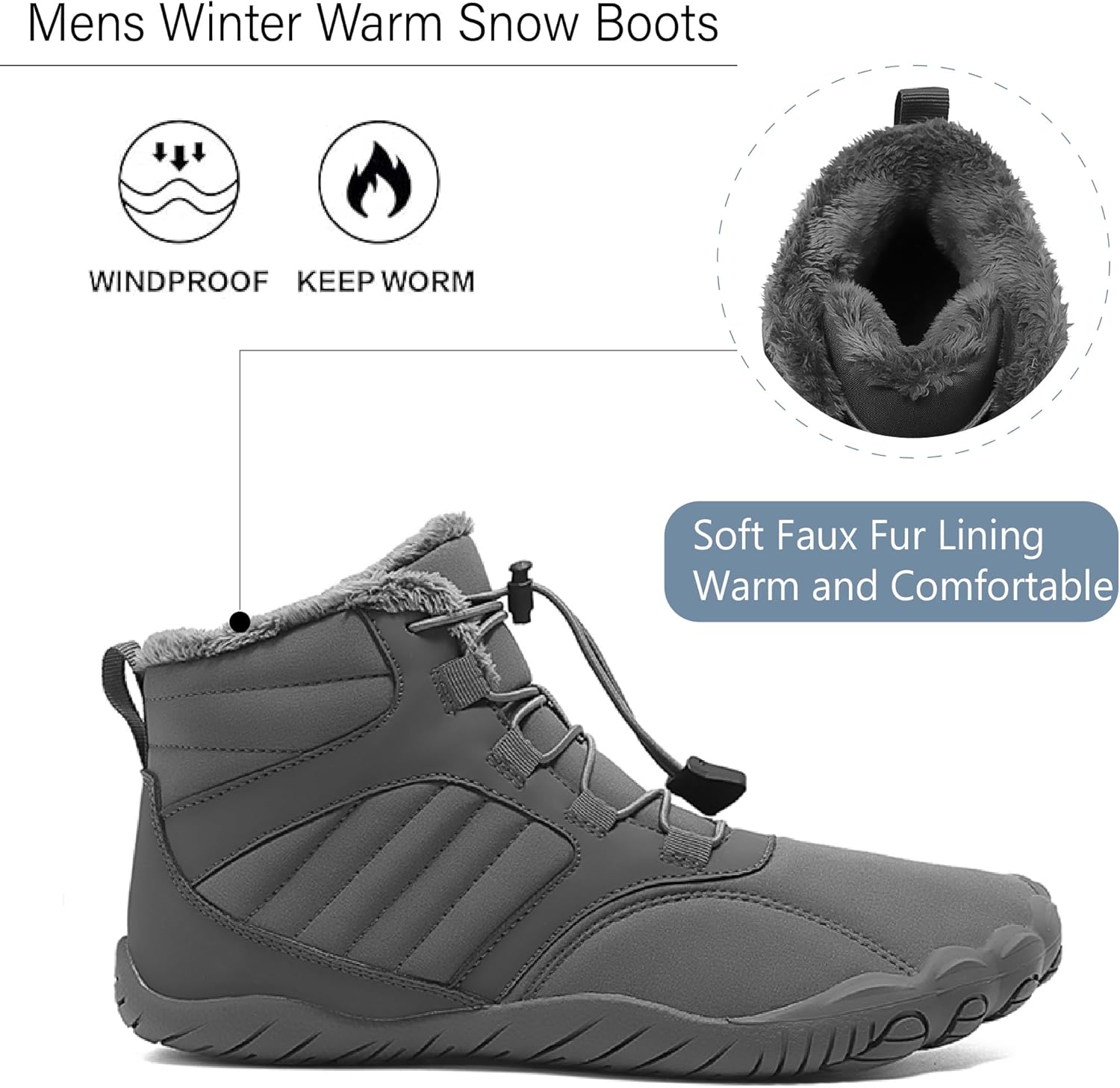 Зимние теплые ботинки Asifn Mens Barefoot с меховой подкладкой для походов, минималистичные, водонепроницаемые, противоскользящие хлопковые обувь, серый — фото 2