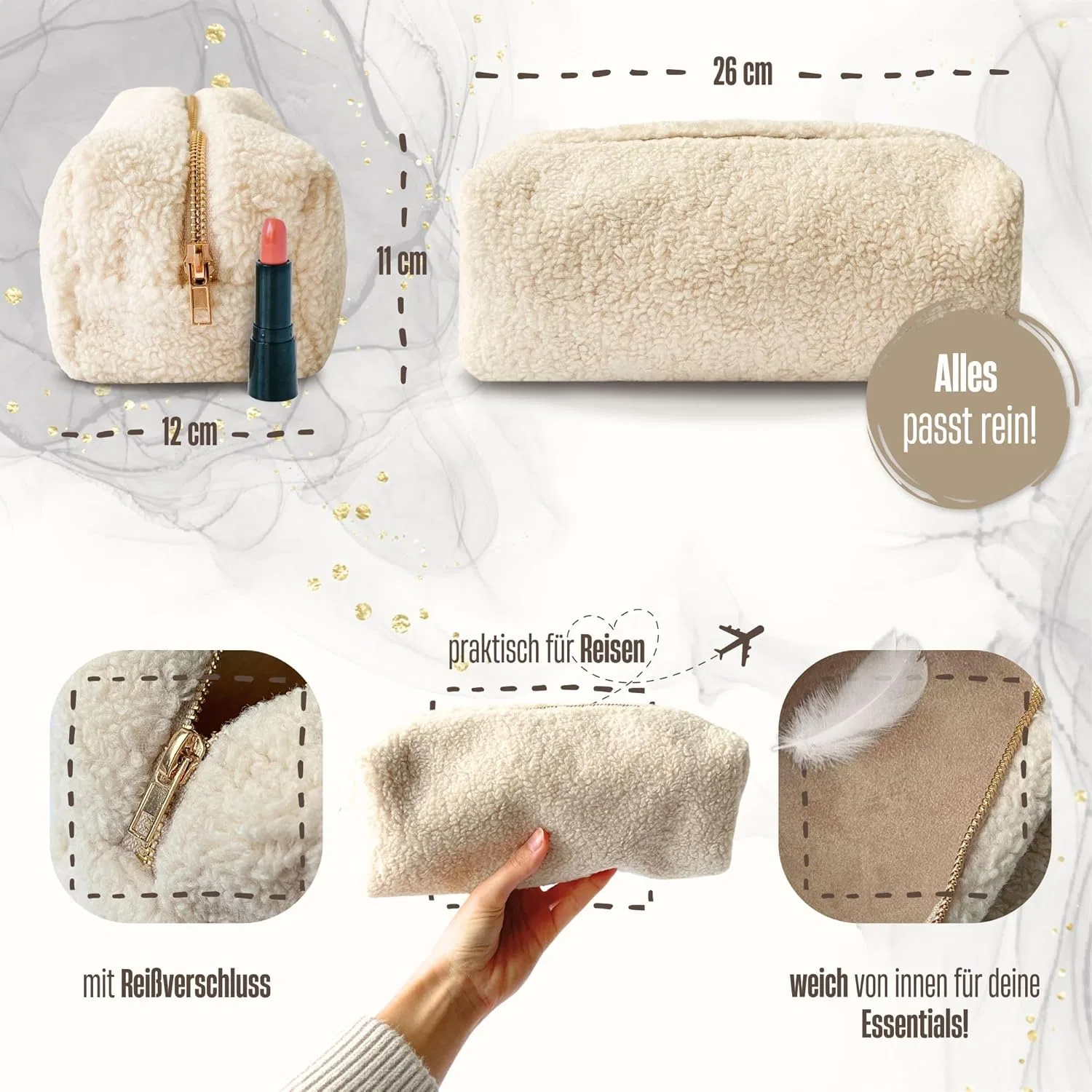 Плюшевая косметичка Teddy с вышитыми инициалами (бежевая) My Stitchery, Beige — фото 3