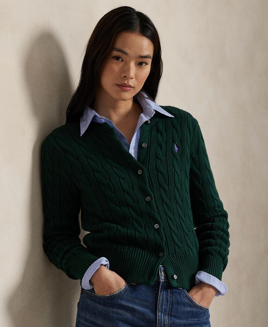 Женский хлопковый кардиган крупной вязки с круглым вырезом Polo Ralph Lauren, Moss Agate — фото 2
