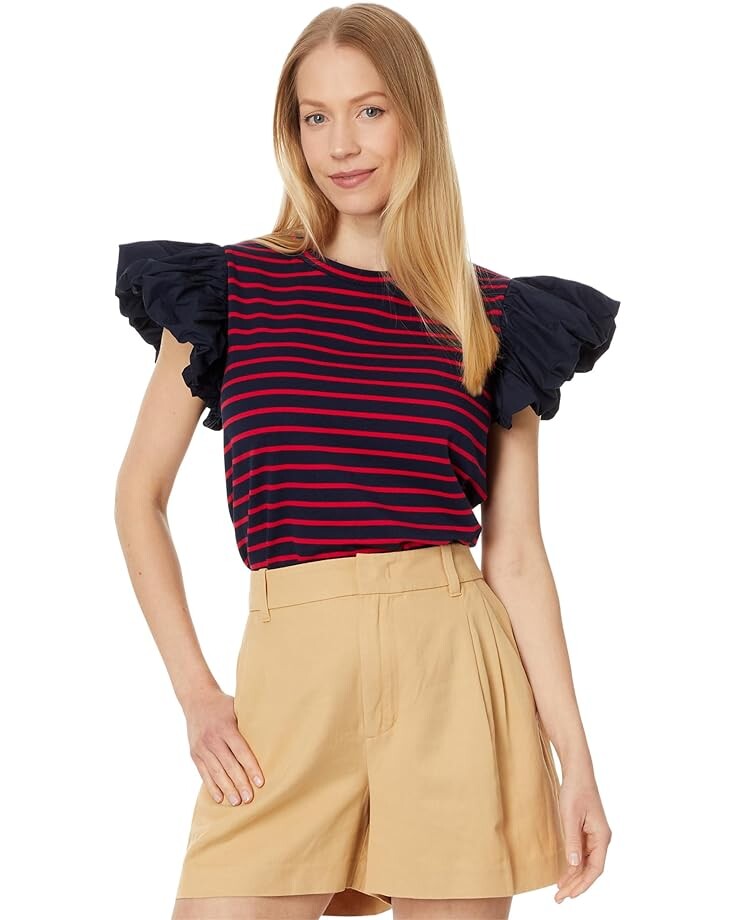 

Топ English Factory Stripe Knit with Poplin Puff Sleeve Top, цвет Navy/Red