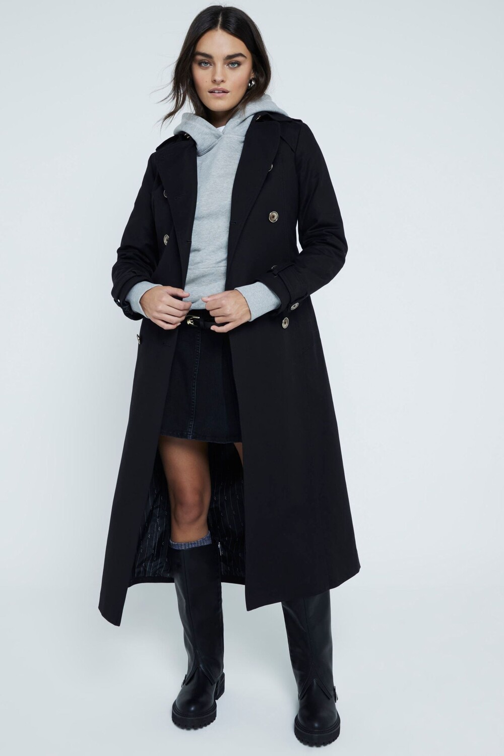 

Длинное пальто тренч из 100% хлопка River Island, черный