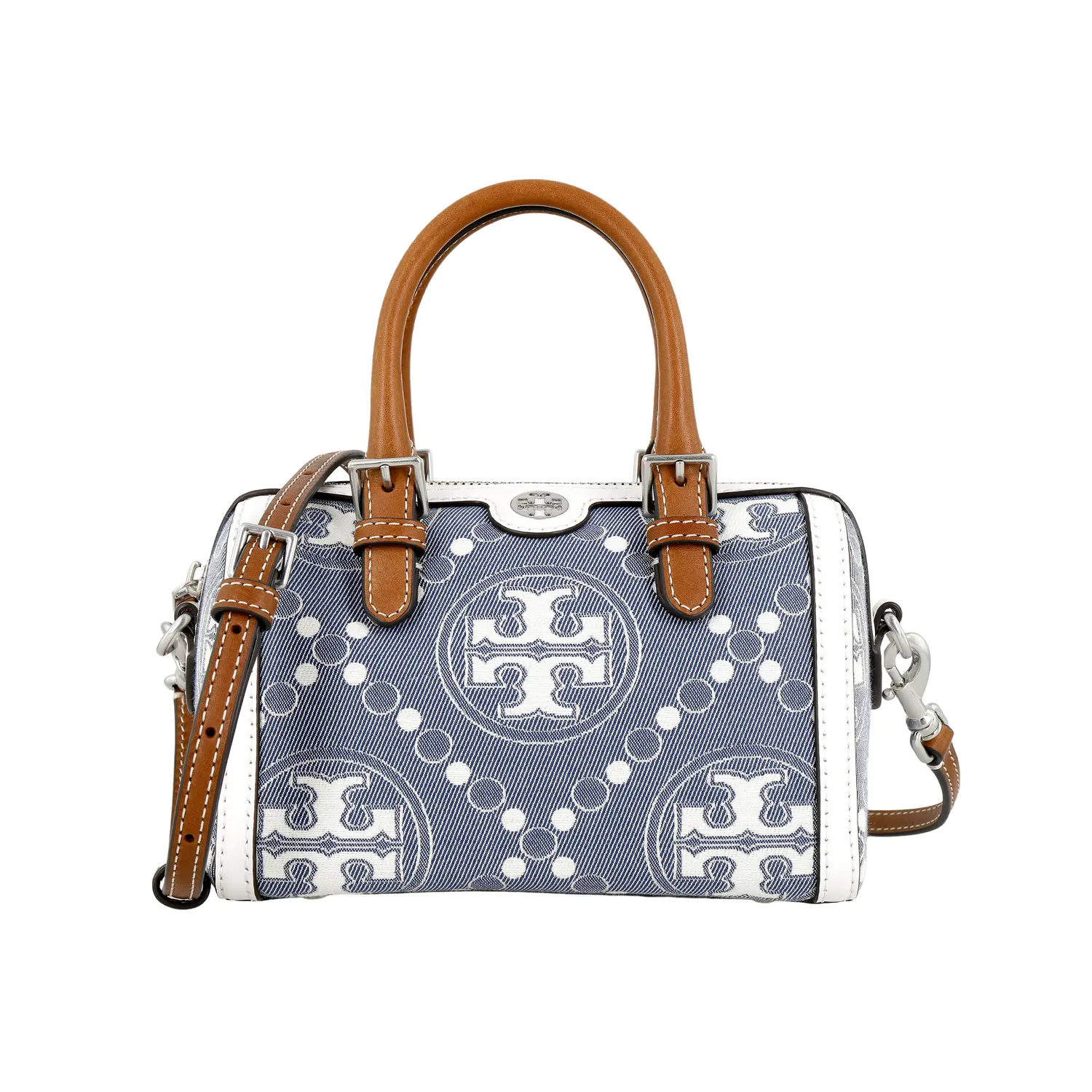 

T Monogram Джинсовый Жаккард С Отделкой Из Телячьей Кожи Бостонская Сумка Нагрудная Сумка Маленький Размер Женская Жемчужно-Голубая TORY BURCH