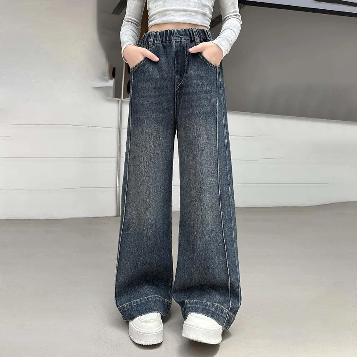 Джинсы для девочек, широкие, High Waisted, Zc28- Blue — фото 2