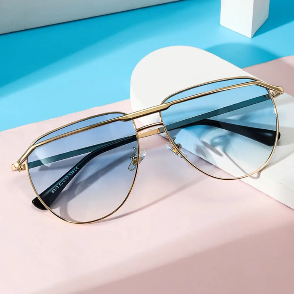 

Ретро-солнцезащитные очки-пилот, металлические двойные перемычки, прозрачные линзы с градиентным зеркальным покрытием, защита UV400, цвет Golden Blue Gradient
