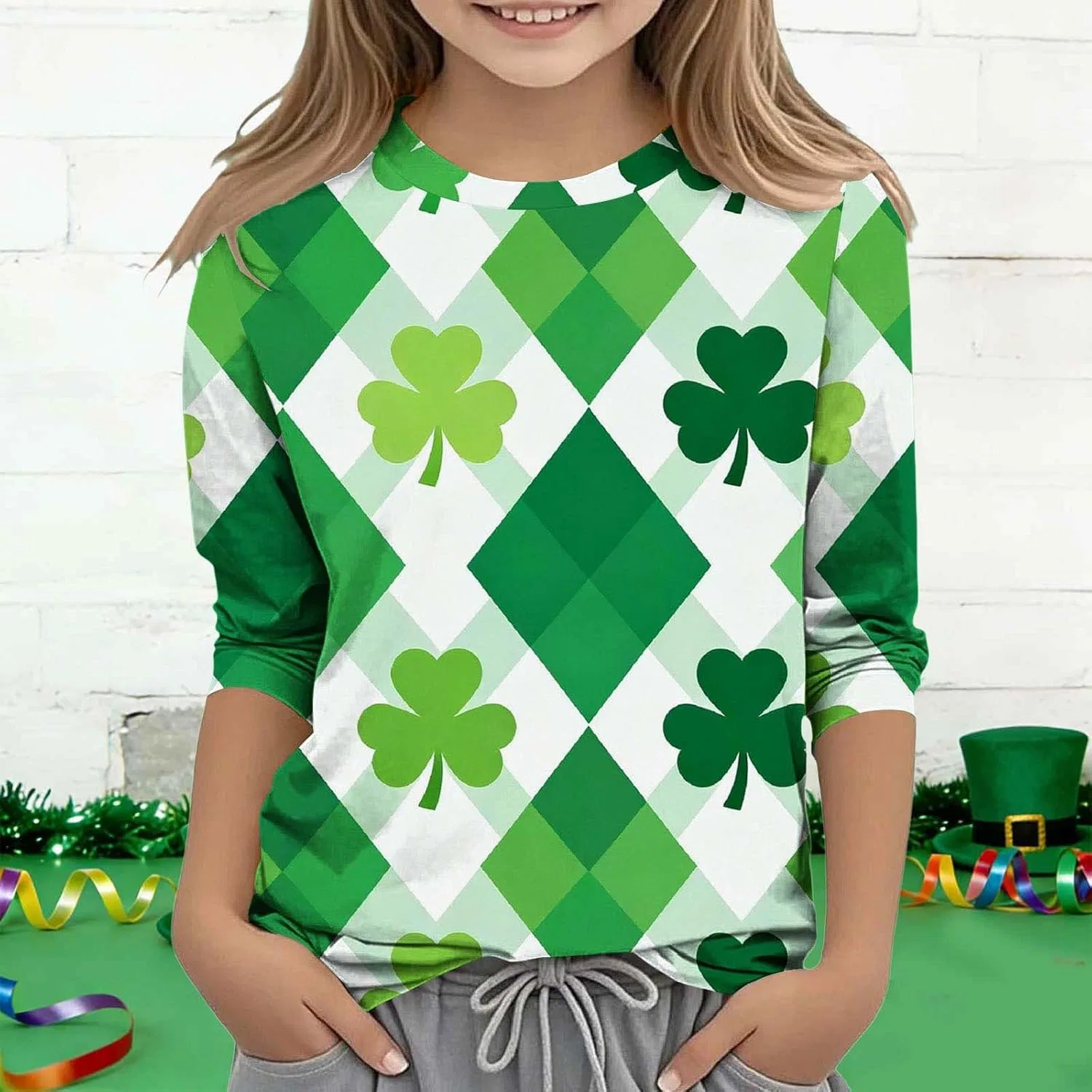 Детская футболка с принтом Shamrock, Zzalalana, 3/4 рукав, Green21 — фото 3