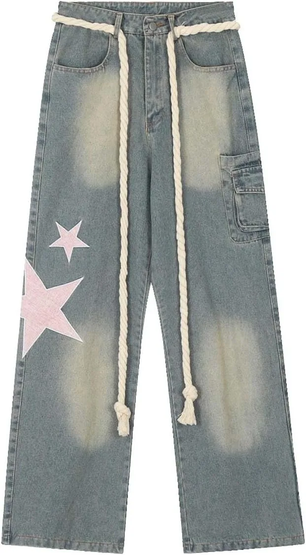 

Джинсы Y2K с высокой талией и прямыми штанинами в стиле grunge, цвет pink star MLAFE