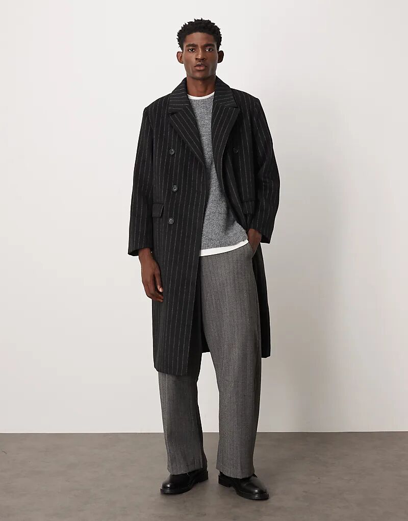 

Длинное пальто свободного кроя в тонкую полоску из искусственной шерсти ASOS DESIGN черного цвета