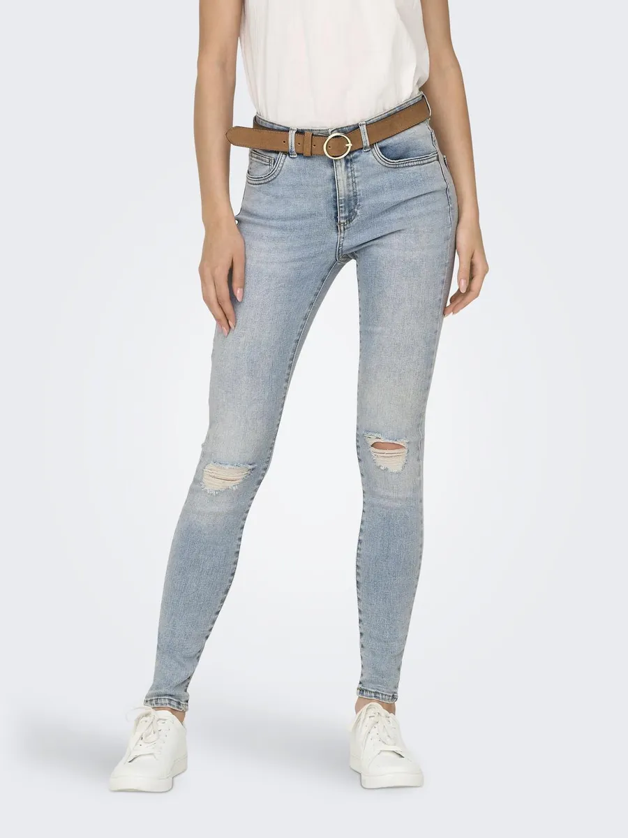 

Only джинсы скинни "ONLWAUW MID WAIST KNEE DES PIM", с эффектом потертости, голубой