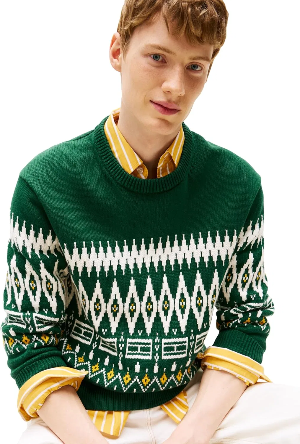 Свитер мужской Tommy Hilfiger Fairisle из хлопка, легкий пуловер, зеленый/слоновая кость — фото 2