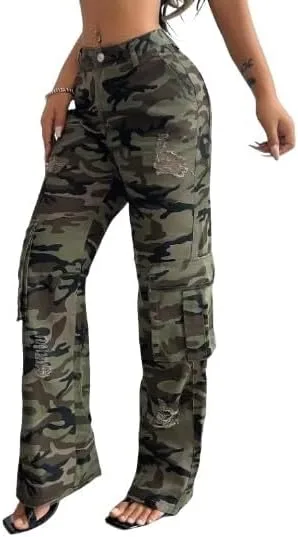 Женские джинсы-карго с камуфляжным принтом, прямые, с потертостями, Curvy Fit — фото 3