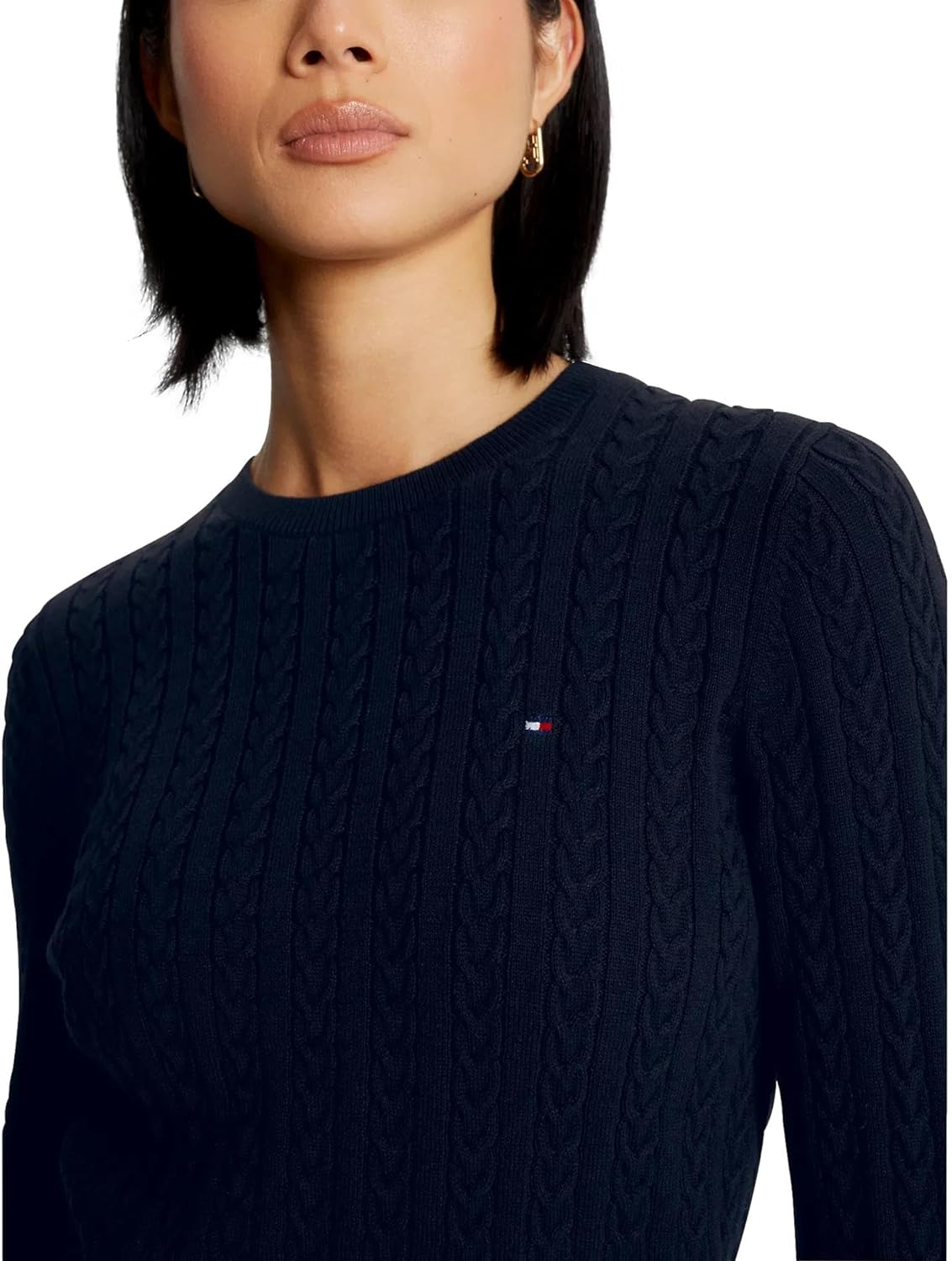 Коллекция женских свитеров Tommy Hilfiger Cable Kint с круглым вырезом и логотипом-флагом 2025 года, Desert Sky Navy — фото 3