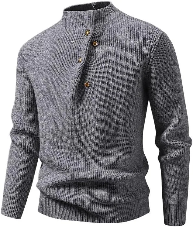 Мужской свитер с воротником стойкой Slim Fit вязаный пуловер на эластичных пуговицах однотонный для весны и осени Generic, серый