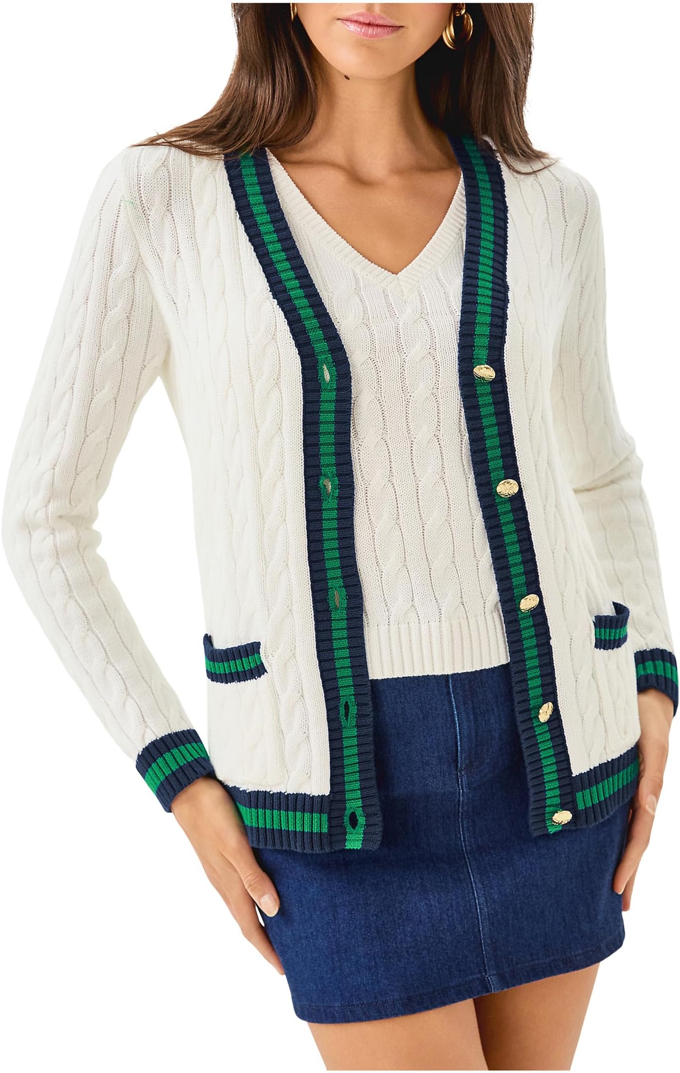 

Свитер Lilly Pulitzer Women's Brockton Cardigan, Coconut X Fiddle Leaf Green Tipping