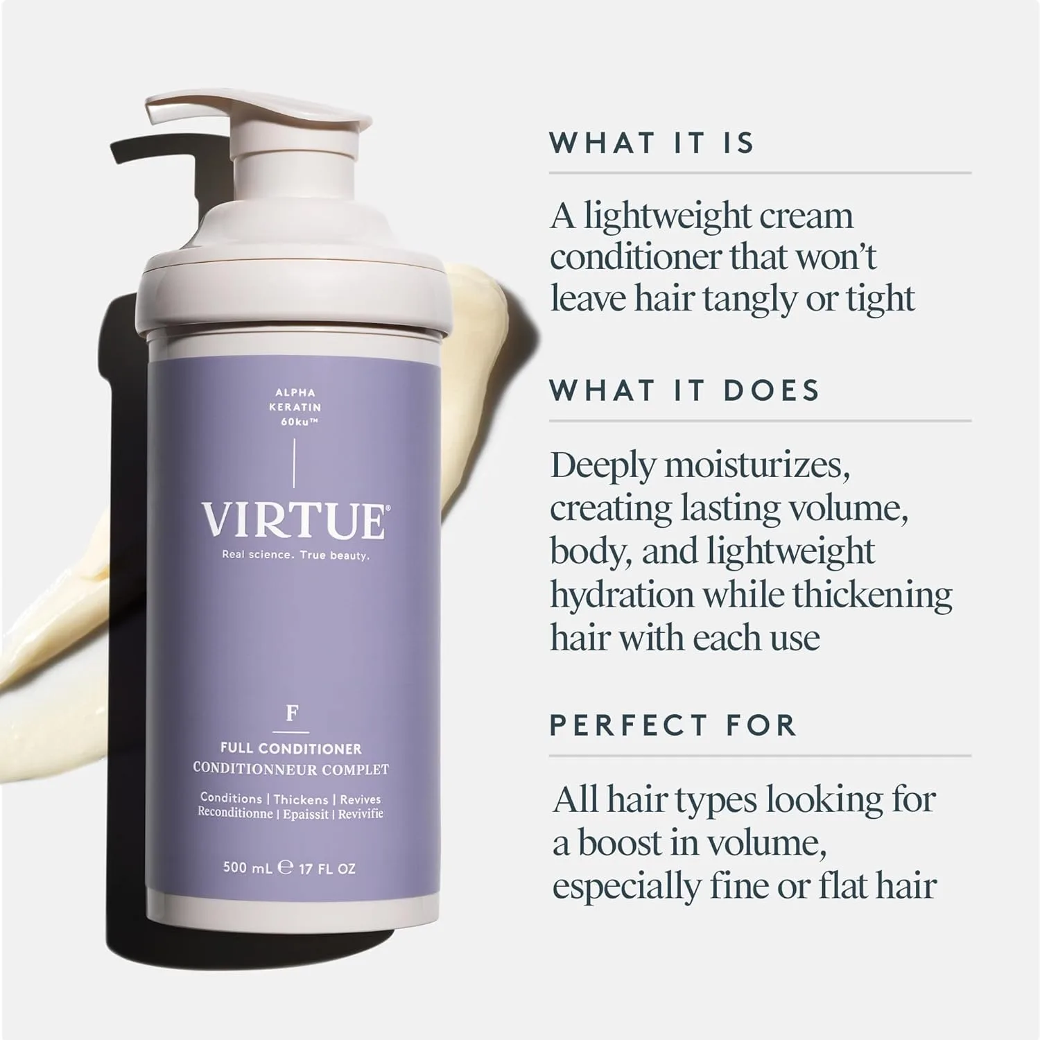 Кондиционер VIRTUE Full Volumizing Conditioner придает волосам объем, подходит для всех типов волос, не содержит сульфатов, безопасен для окрашенных волос — фото 2