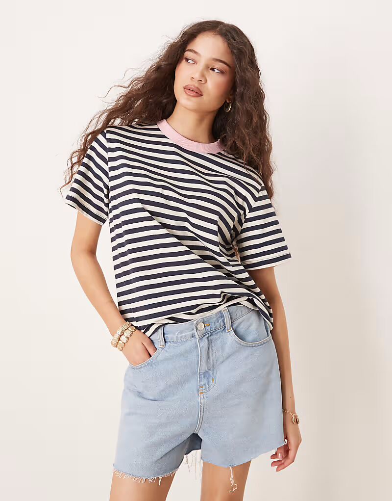 

Футболка ASOS DESIN прямого кроя в полоску с контрастной окантовкой ASOS DESIGN