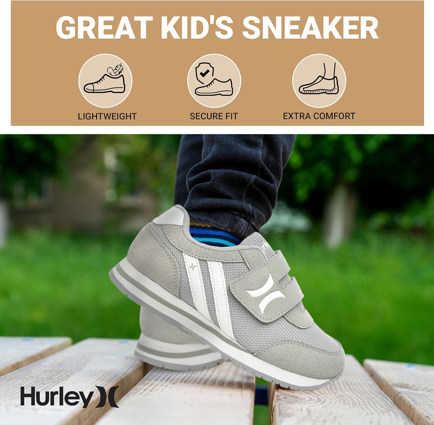 Детские кроссовки Hurley Kid's Knox для ходьбы - детские кроссовки с липучкой для легкого надевания, легкие обувь для бега и ходьбы для мальчиков и девочек, кроссовки для малышей, белый/серый — фото 3