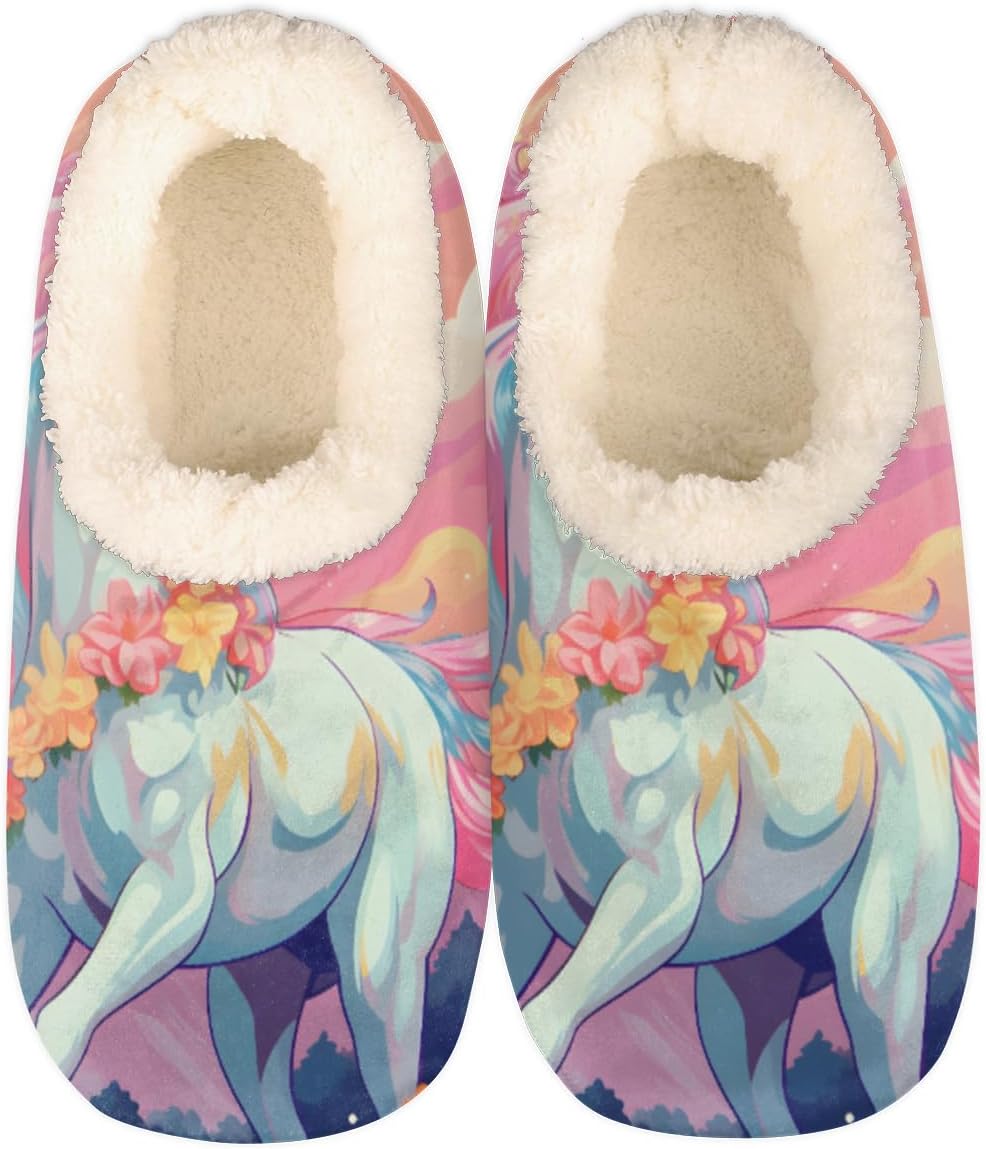 

Домашние тапочки Pardick Fuzzy для женщин и мужчин, Sunrise Unicorn с противоскользящей подошвой и флисовой подкладкой, домашние тапочки для спальни с мягкой подкладкой, теплые тапочки с единорогом, мультиколор