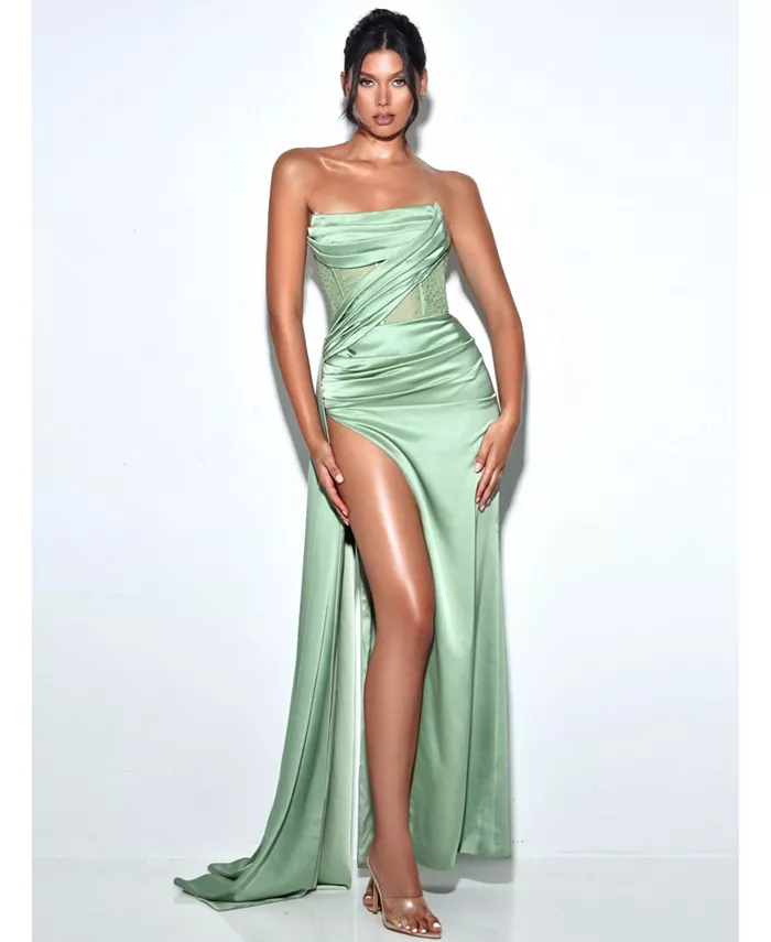 

Женское атласное платье с высоким разрезом и кристаллами от Holly Basil Miss Circle, зеленый