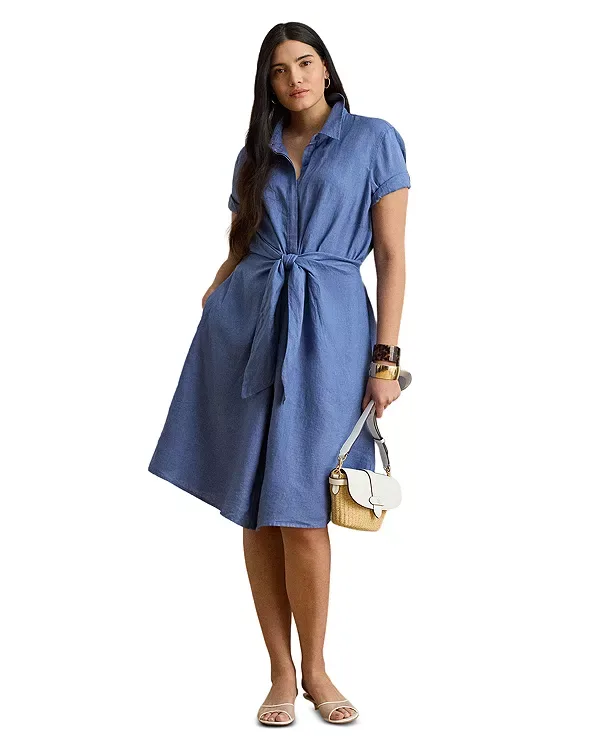 Платье-Рубашка из льна с завязками спереди Ralph Lauren, Blue
