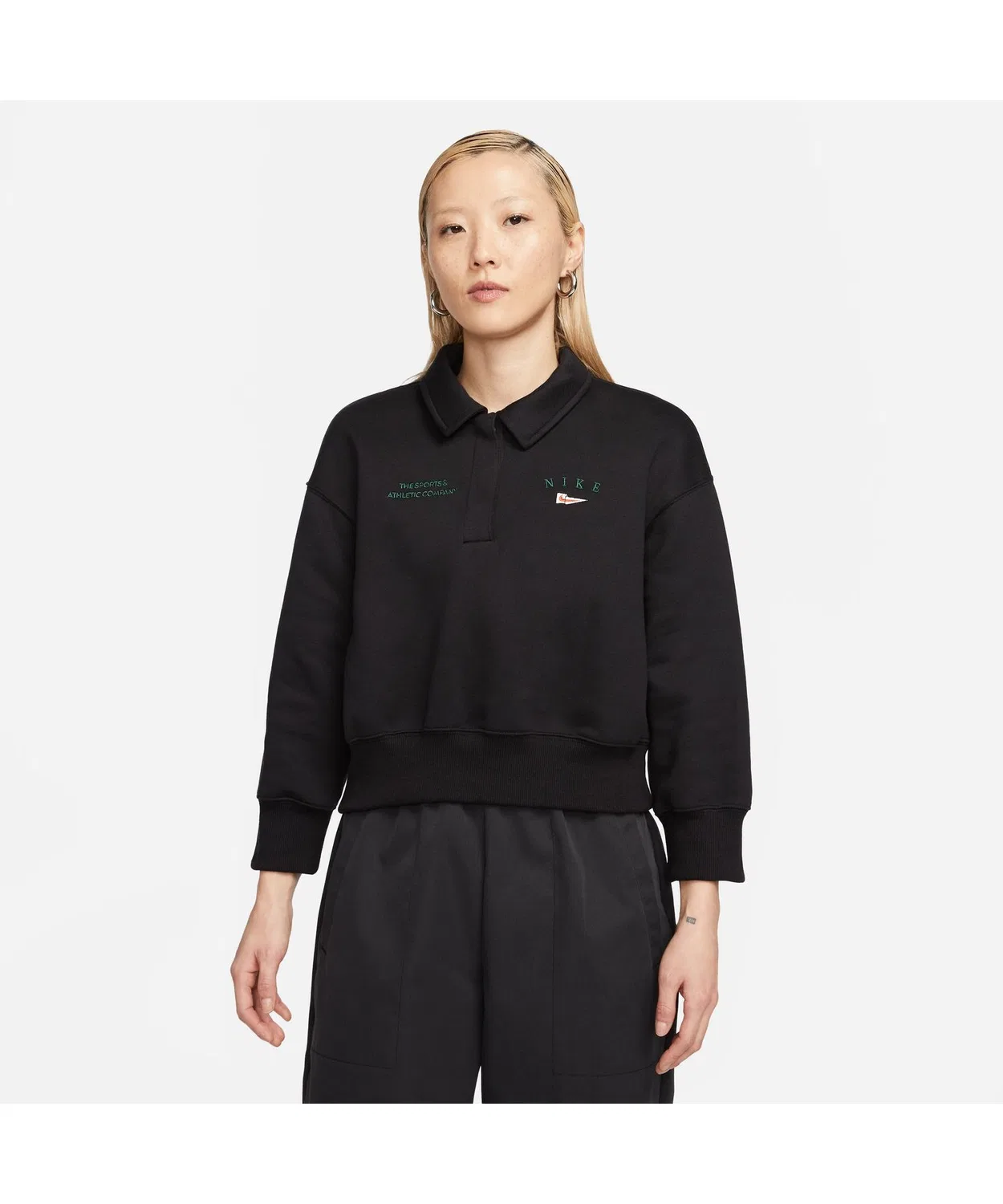 Женский поло-свитшот Nike с вышивкой, длинный рукав, укороченный крой, черный