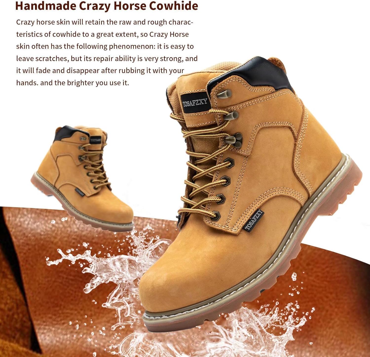 Рабочие ботинки для мужчин из прочной кожи Crazy-Horse с защищенным стальным носком, водонепроницаемые и противоскользящие, лучше сохраняют тепло, рабочая обувь для мужчин TOSAFZXY, желтый — фото 4