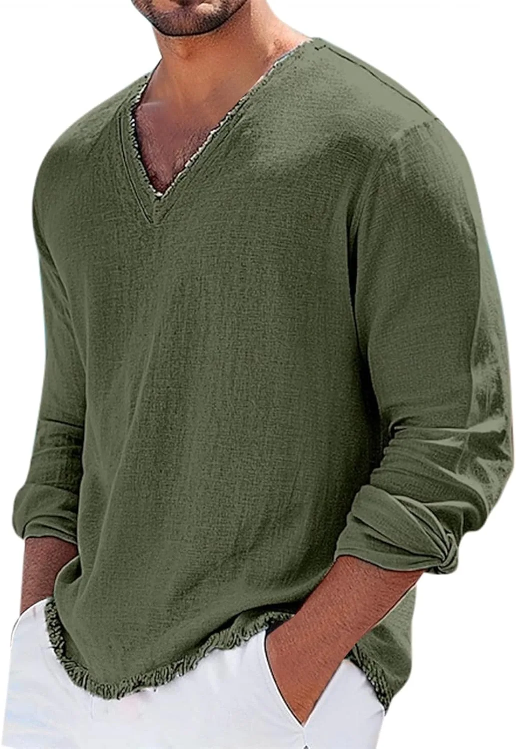 

Мужская футболка V-образного выреза из льна, оверсайз, с длинным рукавом