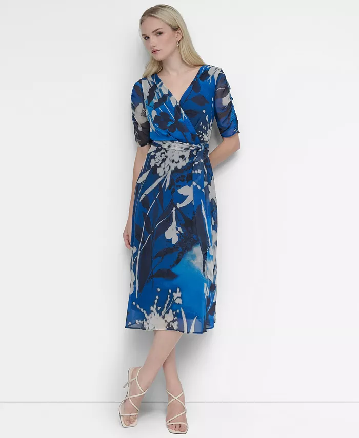 

Женское платье миди с V-образным вырезом, присборенными рукавами и поясом DKNY, синий