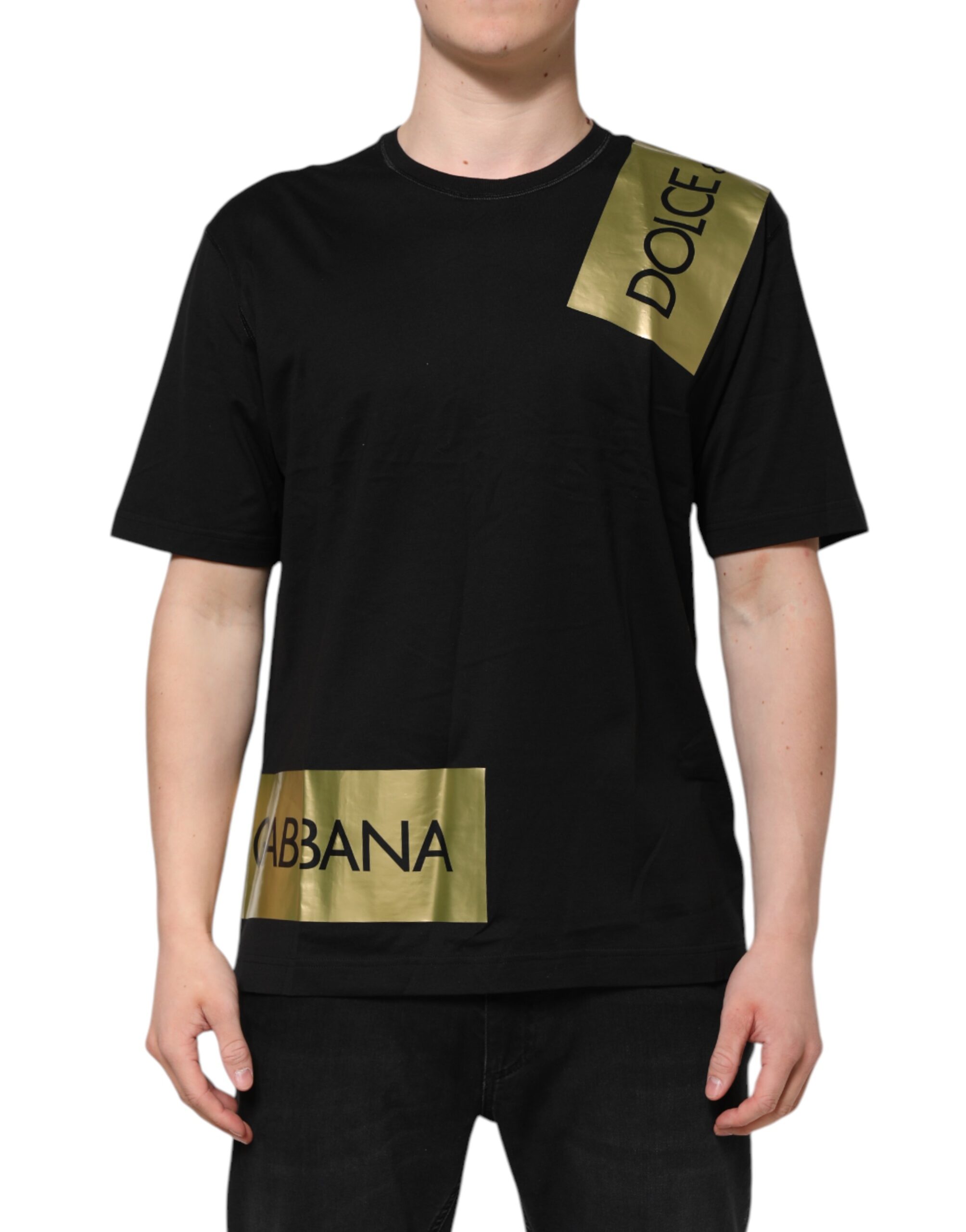 

Черная хлопковая мужская футболка с круглым вырезом и логотипом Dolce & Gabbana, золотой/черный