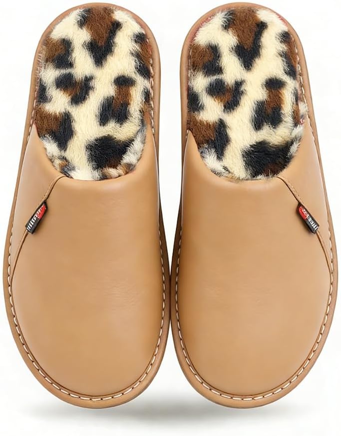 

Кожаные тапочки с стильной леопардовой подкладкой, водонепроницаемым верхом и противоскользящей подошвой, уютные домашние тапочки для мужчин и женщин Pxpuiq, хаки