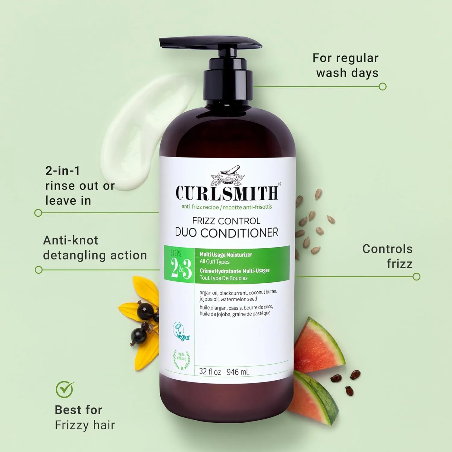 Curlsmith Frizz Control Duo Conditioner - увлажняющий кондиционер против пушистости и питающий несмываемый уход для контроля пушистости, для всех типов кудрей, Vegan & Cruelty Free 946 мл (1 шт.) — фото 2