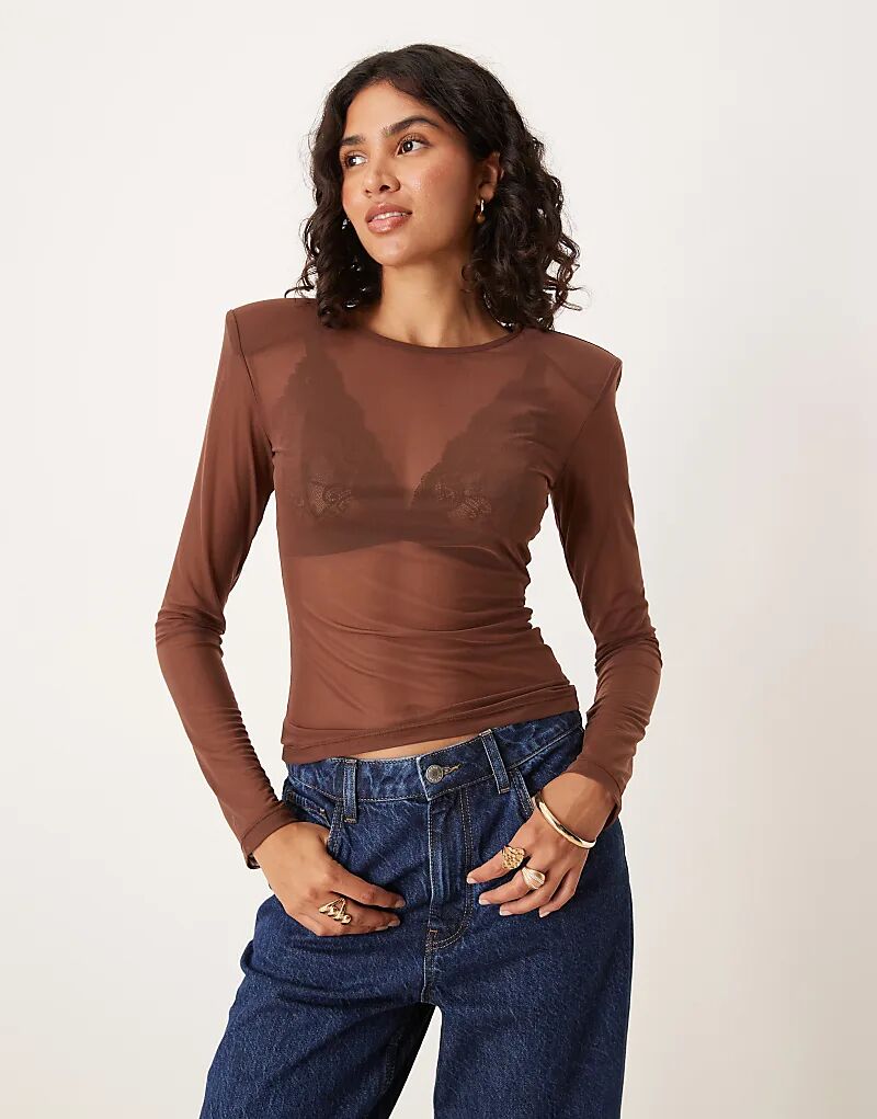

Сетчатый топ с подплечниками ASOS DESIGN коричневого цвета