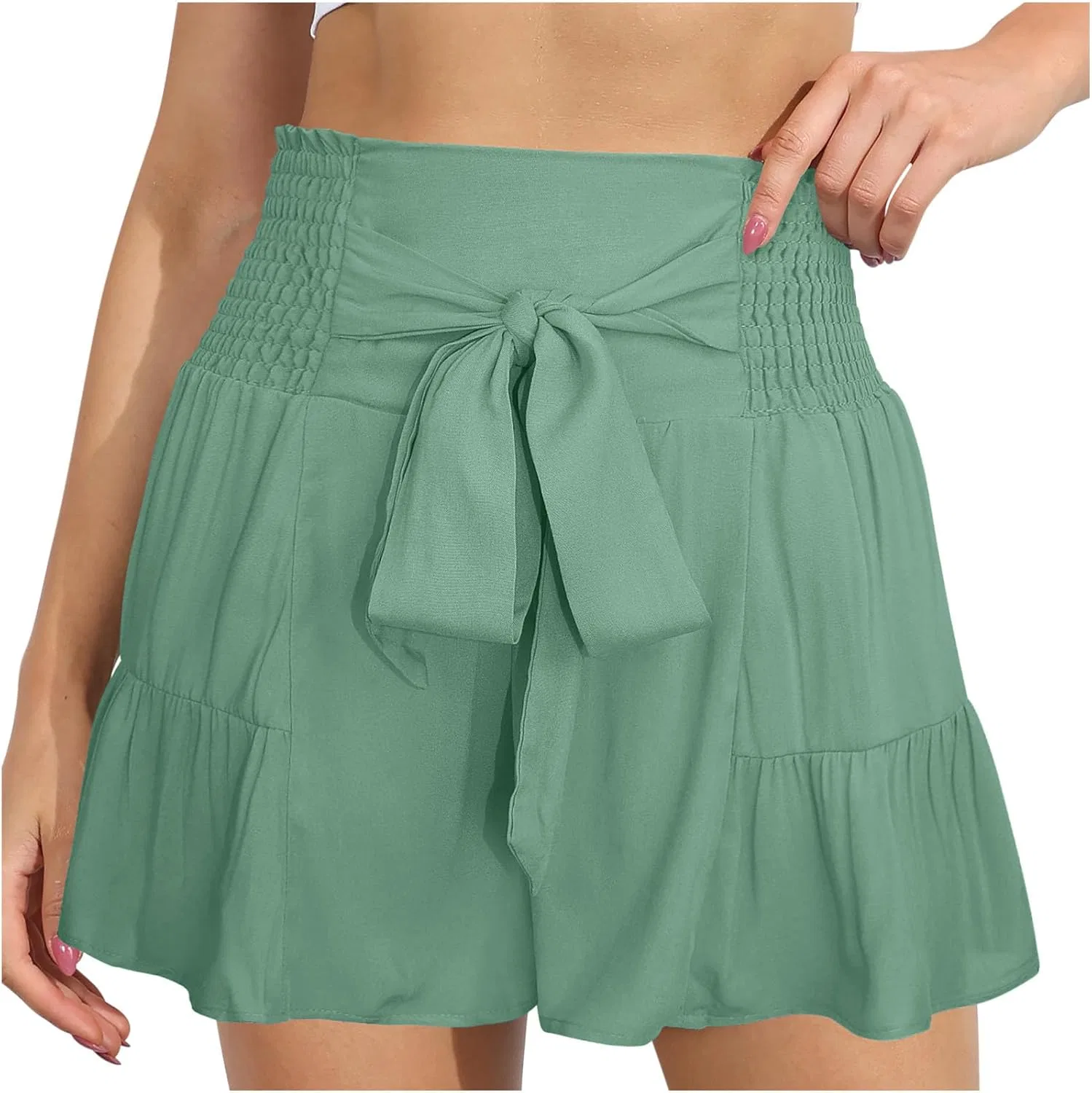 Шорты женские с широкими штанинами, высокой талией и рюшами, Mint Green