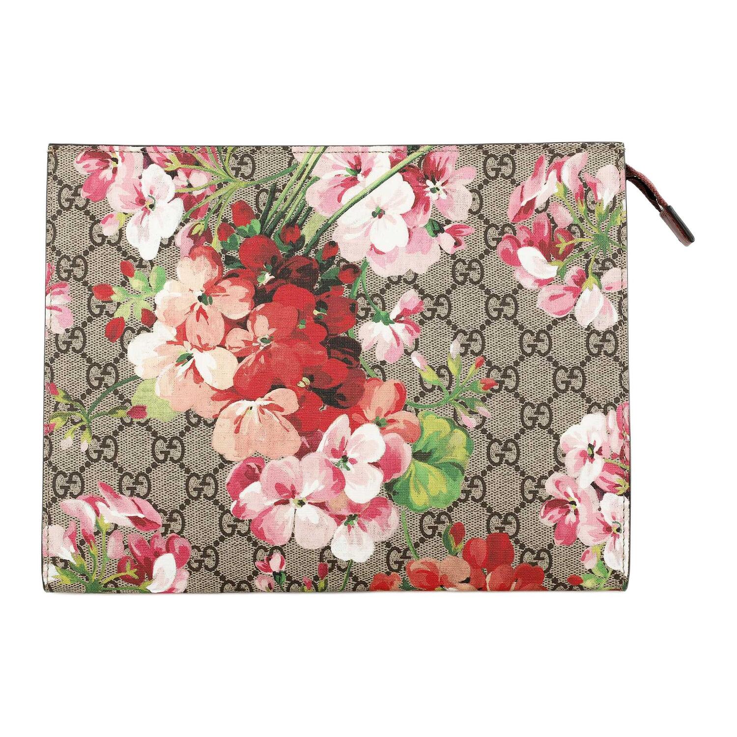 

GUCCI Сумка GG Blooms Canvas With Leather Clutch Large для женщин, цвет Ebony/Pink
