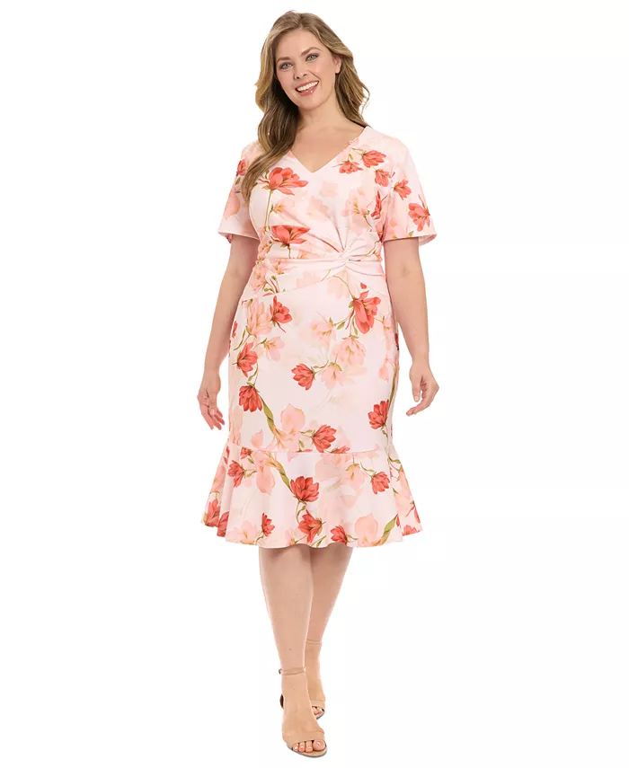 

Платье с цветочным принтом, боковым узлом и рюшами по подолу (размеры plus size) London Times, розовый