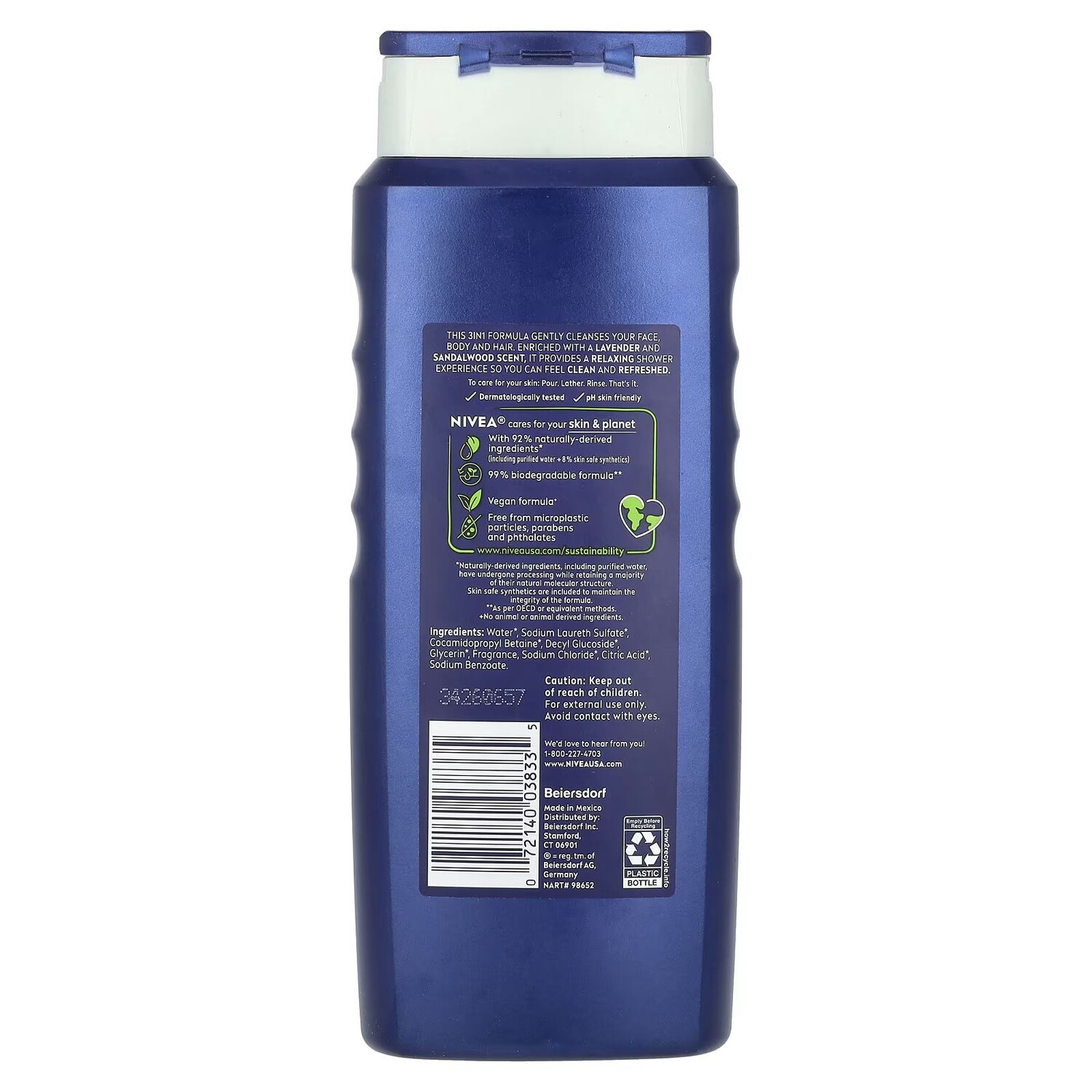 Men, гель для душа Relax 3 в 1, лаванда + сандал, 16,9 жидких унций (500 мл) Nivea — фото 2