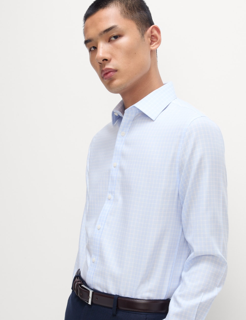 

Рубашка из хлопка Slim Fit Ultimate Non Iron в клетку Marks & Spencer, светло-голубой