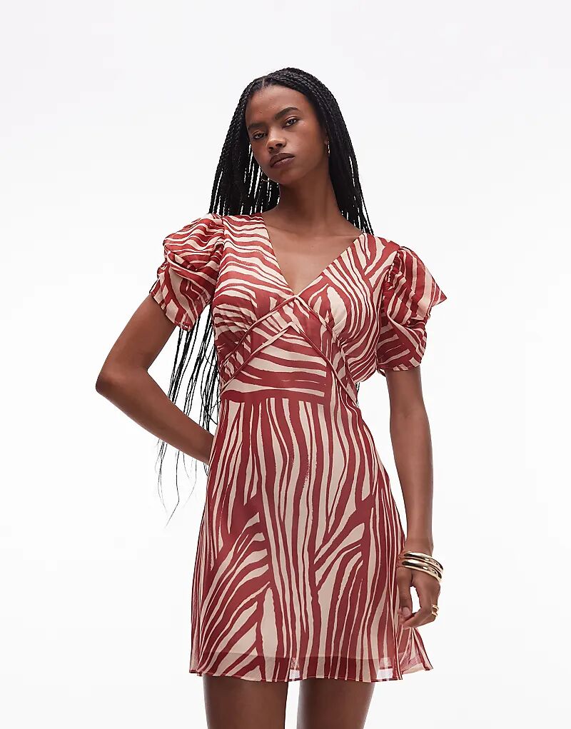 

Мини-платье Topshop с рукавами-булавками, в красно-бежевом цвете с принтом зебры