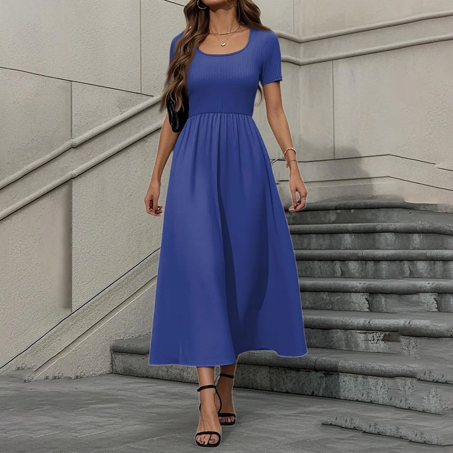 Женское платье миди с высокой талией, U-образным вырезом, короткий рукав, Polyester, Blue — фото 2